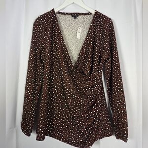 NWT Talbots Leopard Faux Wrap Top Ruched V Neck Women's L Animal Print Shirt $65